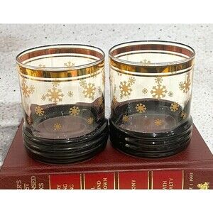 Vtg Sakura Sango Sue Zipkin Rocks Old Fashioned Glasses Gold & Black Set Of 2
